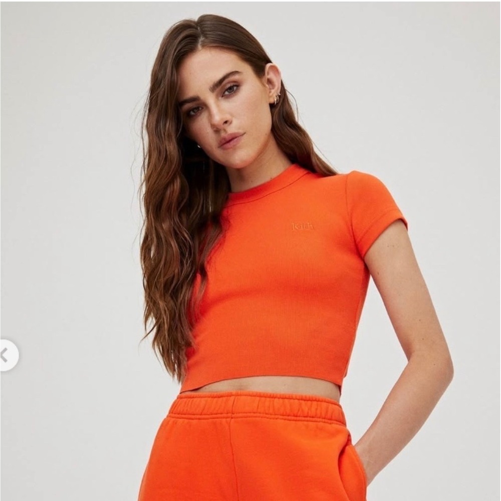 KITH Mulberry Tee Short Sleeve Crop Top Blouse Orange Logo Embroidered Large z0